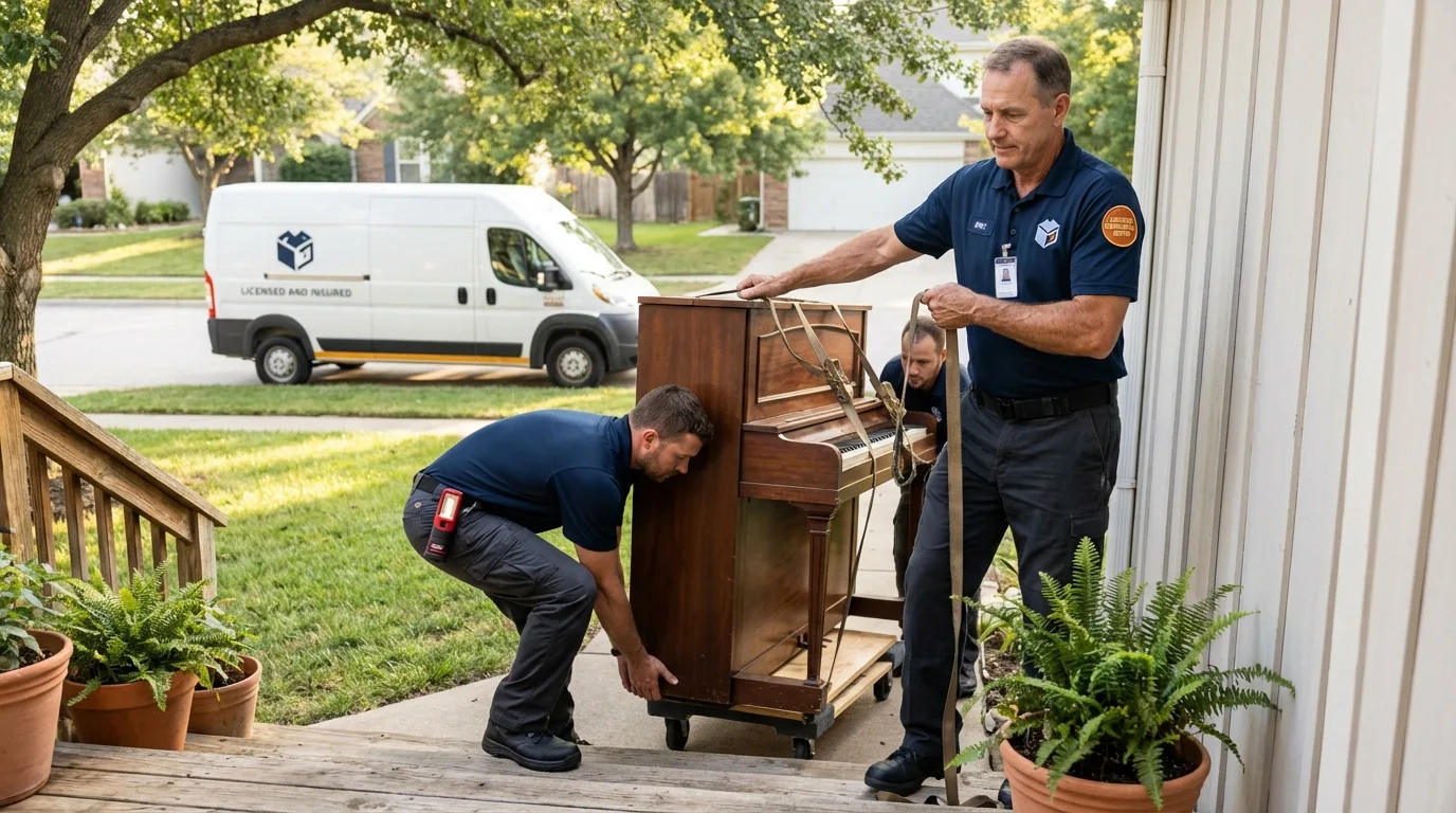 Licensed piano movers securing grand piano in Weldon, NC