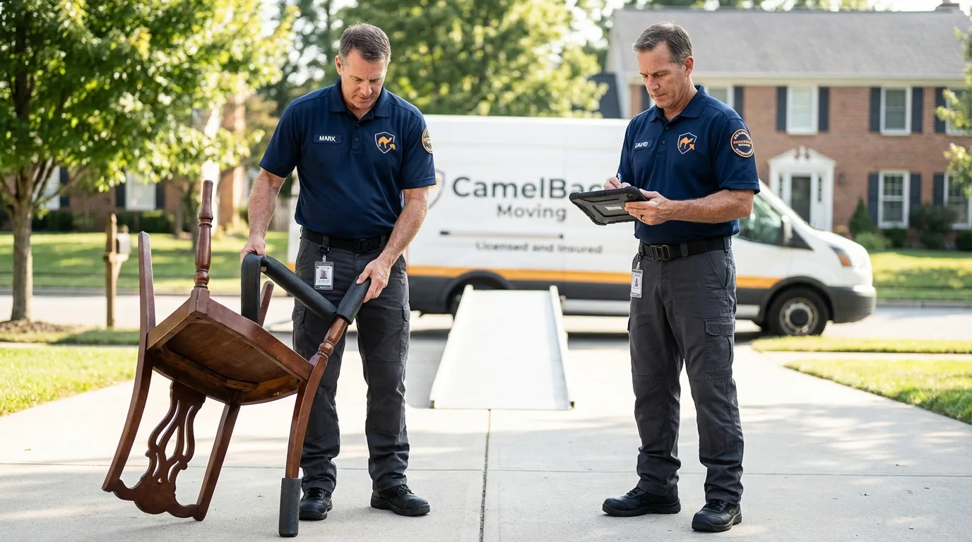 Movers inspecting furniture for damage prevention before loading in Weldon, NC