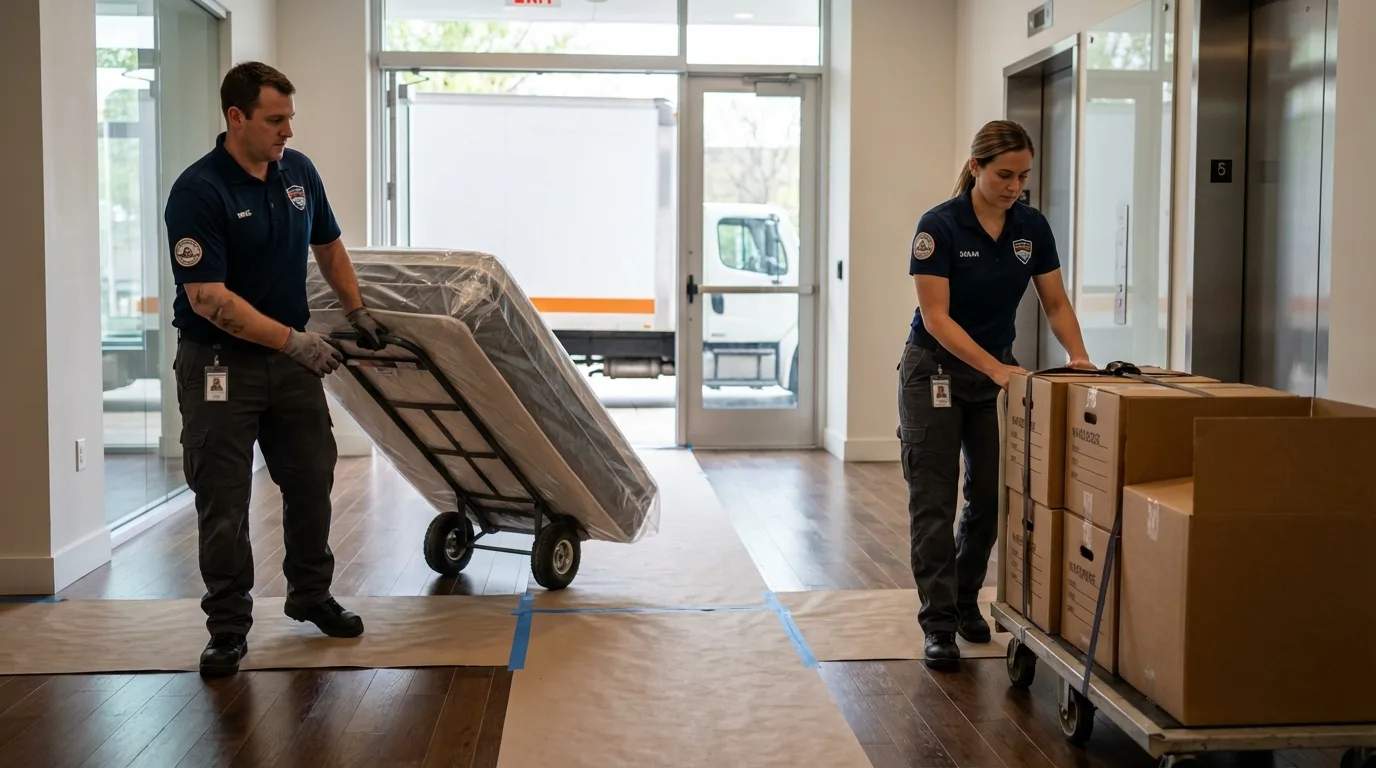 Professional apartment movers loading elevator in Weldon, NC